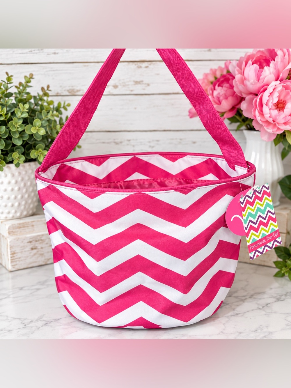 NWT WB Personalize Your Life Pink White Chevron Shoulder Tote Bag